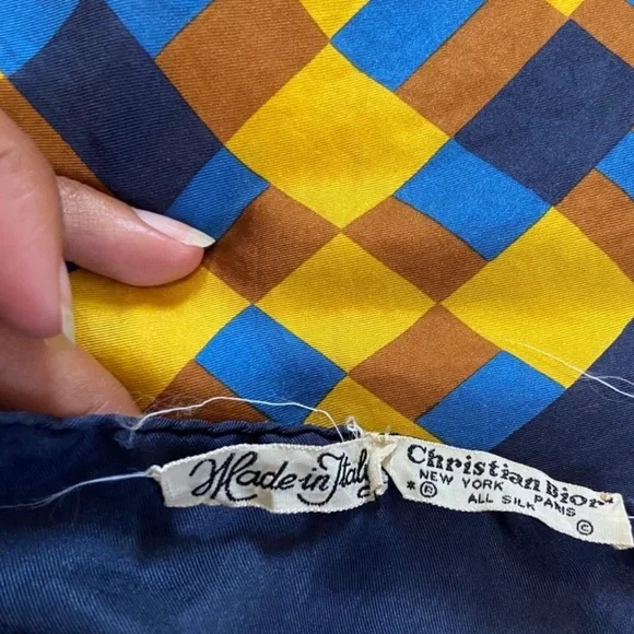 Auth Christian Dior Blue Yellow Geometric Silk Scarf - Picture 6 of 6